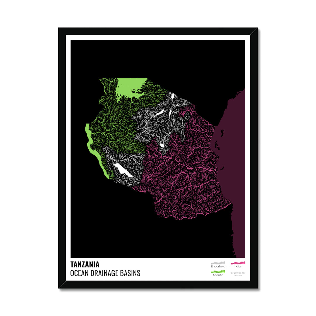 Танзания - Карта океанического водосборного бассейна, черная с легендой, версия 2 - Рамочная печать