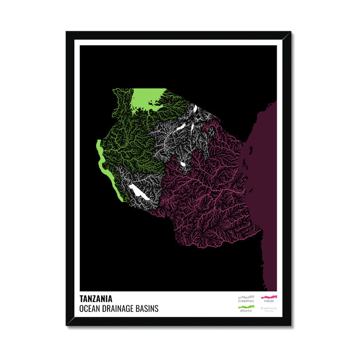 Танзания - Карта океанического водосборного бассейна, черная с легендой, версия 2 - Рамочная печать