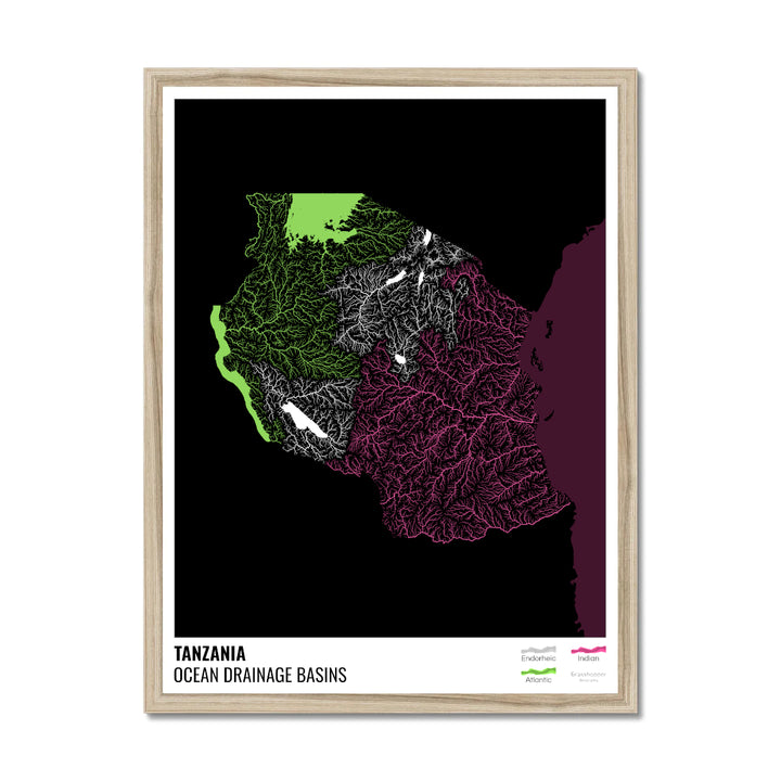 Танзания - Карта океанического водосборного бассейна, черная с легендой, версия 2 - Рамочная печать