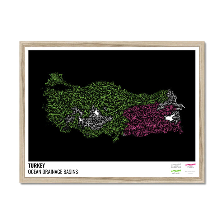 Turquía - Mapa de la cuenca hidrográfica del océano, negro con leyenda v1 - Lámina enmarcada