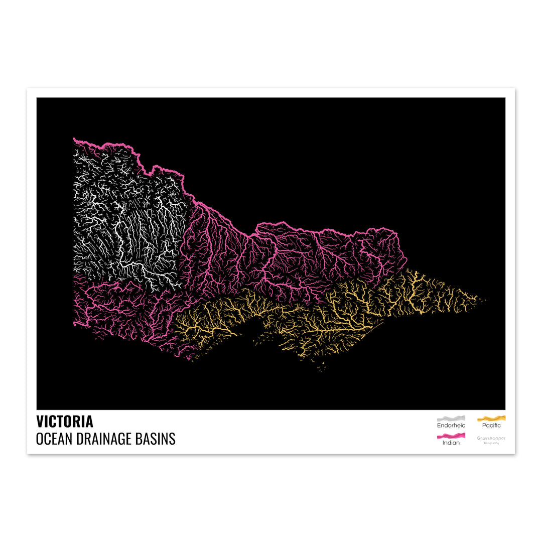 Victoria - Ocean drainage basin map, black with legend v1 - Photo Art Print