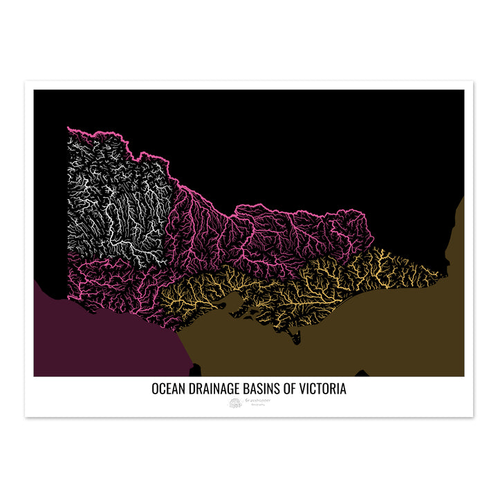 Victoria - Ocean drainage basin map, black v2 - Fine Art Print