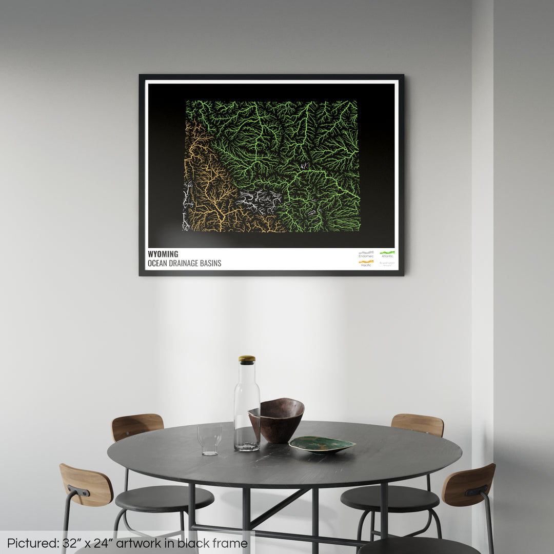 Wyoming - Mapa da bacia de drenagem oceânica, preto com legenda v1 - Impressão emoldurada