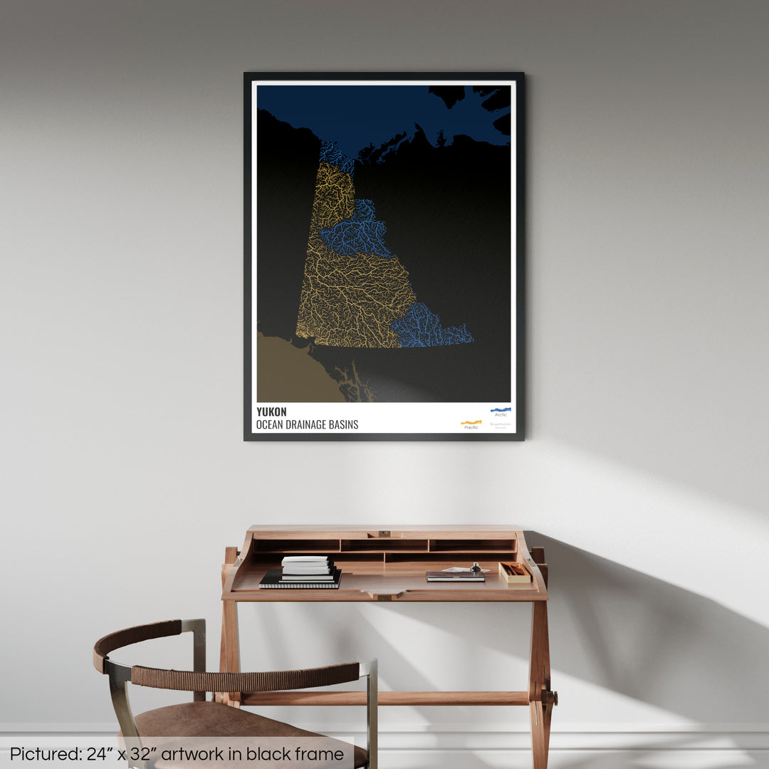 Yukon - Ocean drainage basin map, black with legend v2 - Framed Print