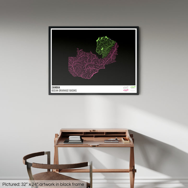 जाम्बिया - महासागर जल निकासी बेसिन मानचित्र, लेजेंड v1 के साथ काला - फ़्रेमयुक्त प्रिंट