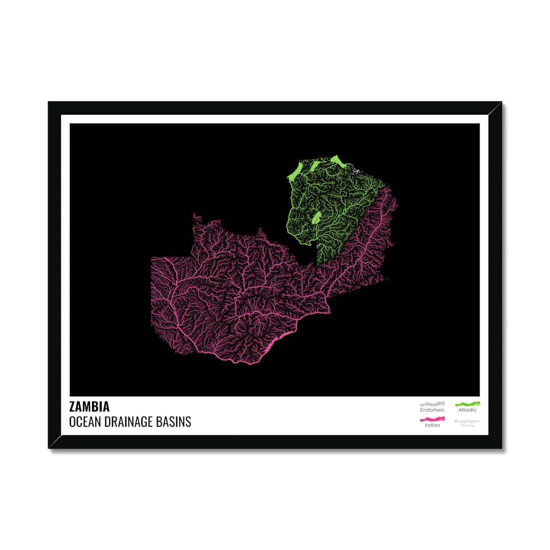 जाम्बिया - महासागर जल निकासी बेसिन मानचित्र, लेजेंड v1 के साथ काला - फ़्रेमयुक्त प्रिंट