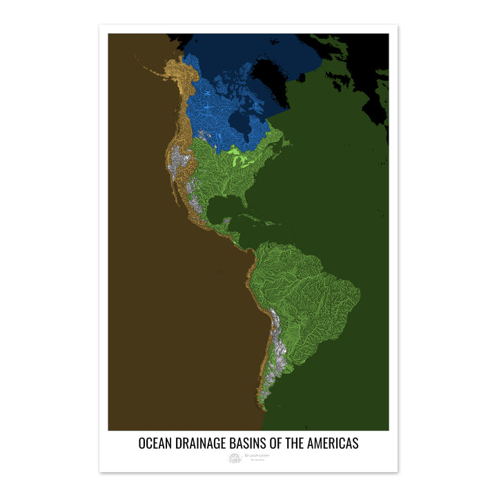 The Americas - Ocean drainage basin map, black v2 - Photo Art Print
