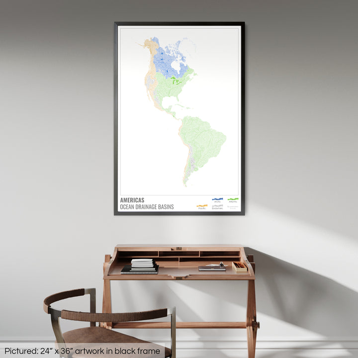 The Americas - Ocean drainage basin map, white with legend v1 - Framed Print