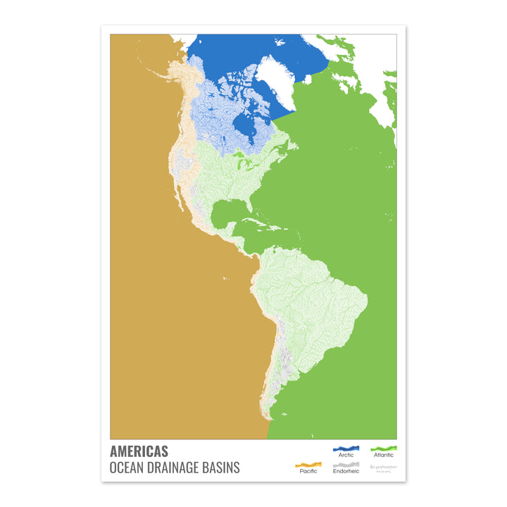 The Americas - Ocean drainage basin map, white with legend v2 - Fine Art Print