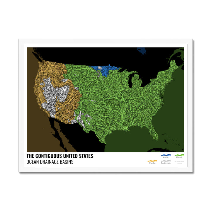 संयुक्त राज्य अमेरिका - महासागर जल निकासी बेसिन मानचित्र, लेजेंड v2 के साथ काला - फ़्रेमयुक्त प्रिंट
