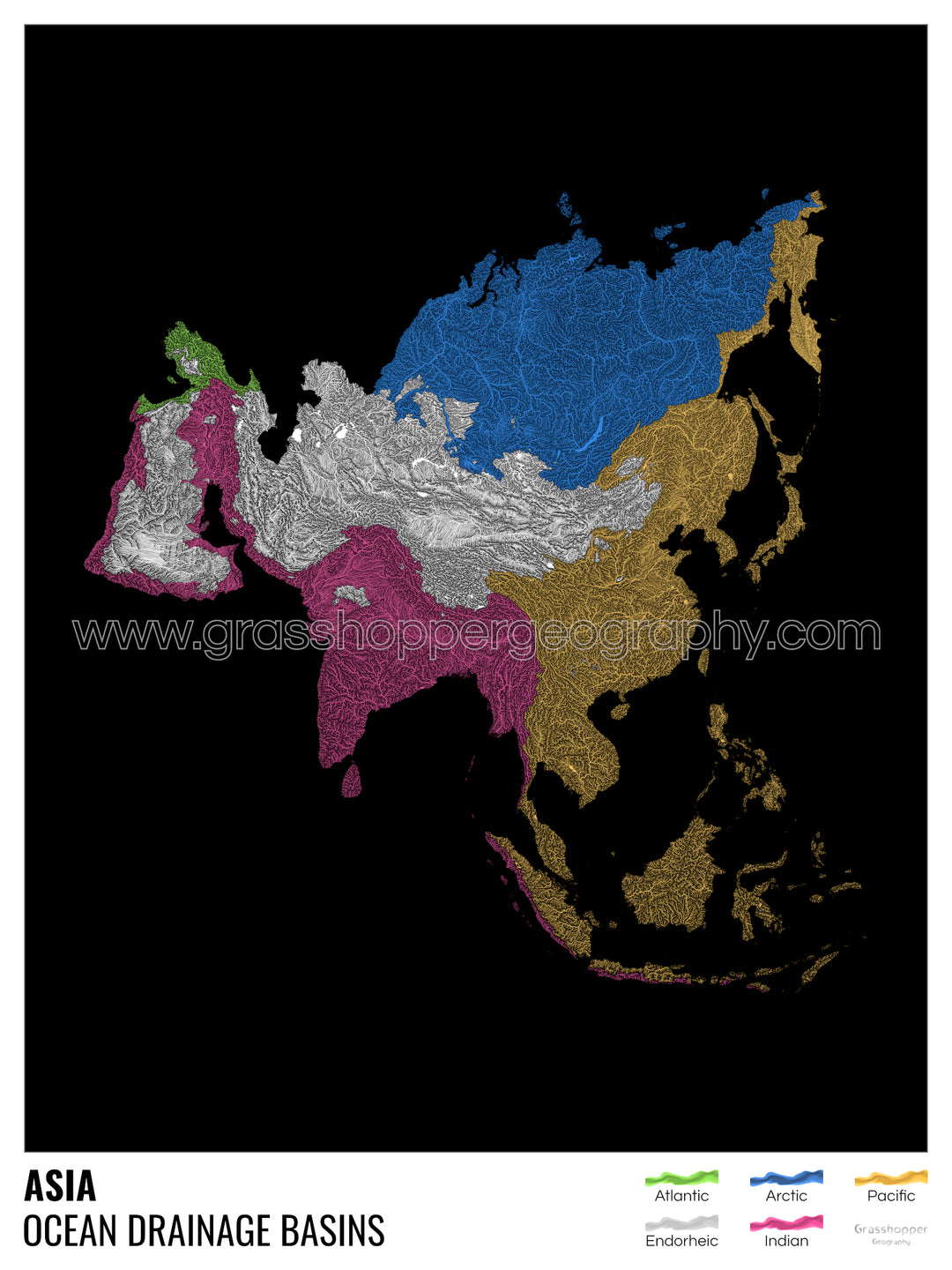Asia - Mapa de la cuenca hidrográfica del océano, negro con leyenda v1 - Lámina enmarcada