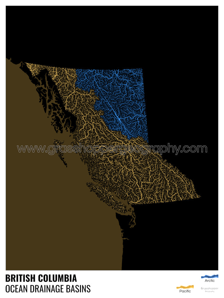 British Columbia - Ocean drainage basin map, black with legend v2 - Framed Print