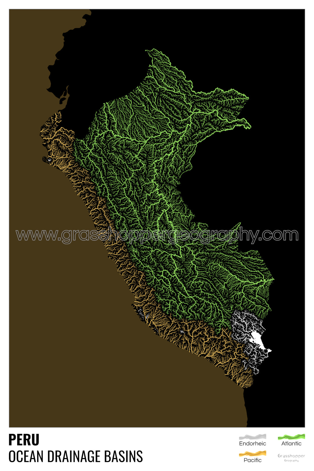 Perú - Mapa de la cuenca hidrográfica del océano, negro con leyenda v2 - Lámina enmarcada