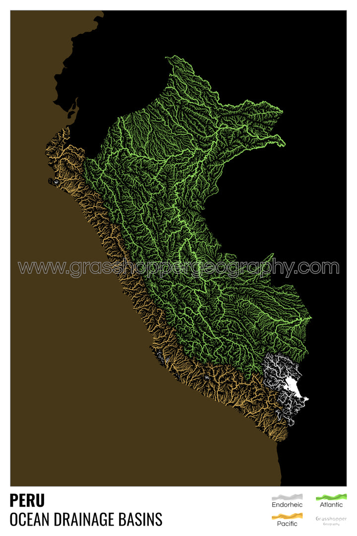 Perú - Mapa de la cuenca hidrográfica del océano, negro con leyenda v2 - Lámina enmarcada