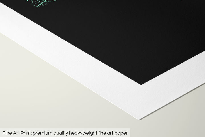 Closeup of a fine art print's corner lying on a flat surface, the details of a Grasshopper Geography map is visible. The text at the bottom reads: Fine art print - premium quality heavyweight fine art paper.