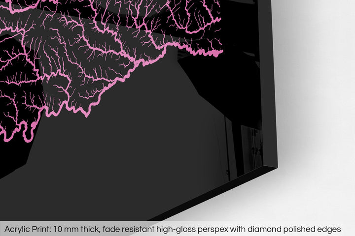 Closeup of an acrylic panel's corner, the details of a Grasshopper Geography map is visible. The text at the bottom reads: Acrylic print - 10 mm thick, fade reistant high-gloss perspex with diamond polished edges.