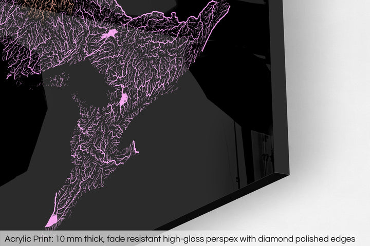 Closeup of an acrylic panel's corner, the details of a Grasshopper Geography map is visible. The text at the bottom reads: Acrylic print - 10 mm thick, fade reistant high-gloss perspex with diamond polished edges.