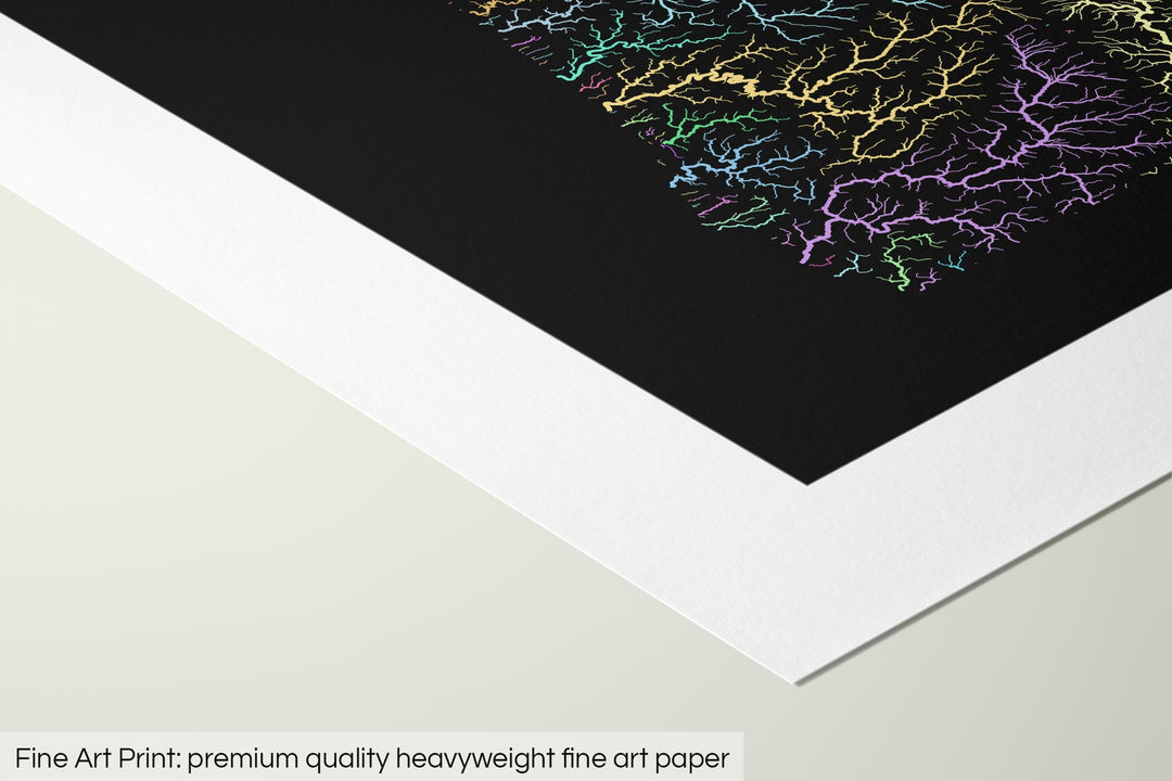 Closeup of a fine art print's corner lying on a flat surface, the details of a Grasshopper Geography map is visible. The text at the bottom reads: Fine art print - premium quality heavyweight fine art paper.