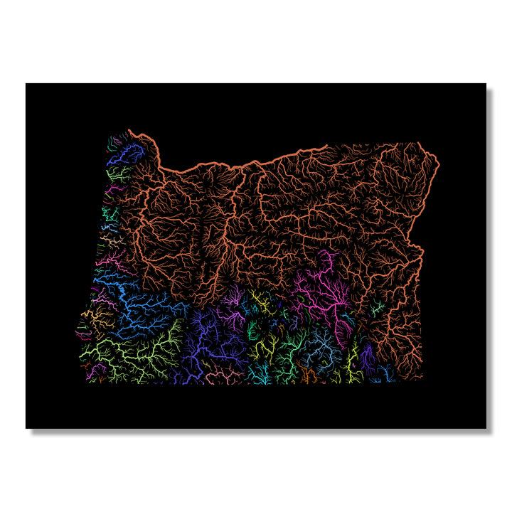 Oregon - River basin map, rainbow colours - Wall Art by Grasshopper Geography. Image of a high-resolution map created by geographer Robert Szucs, available as wall art and for licensing.