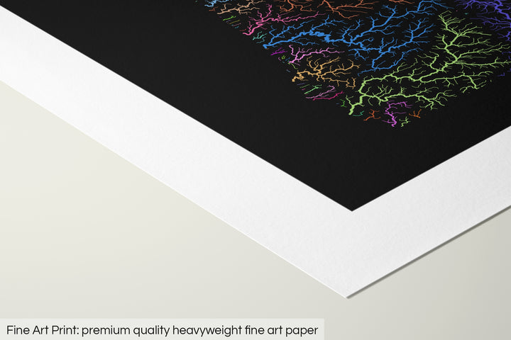 Closeup of a fine art print's corner lying on a flat surface, the details of a Grasshopper Geography map is visible. The text at the bottom reads: Fine art print - premium quality heavyweight fine art paper.