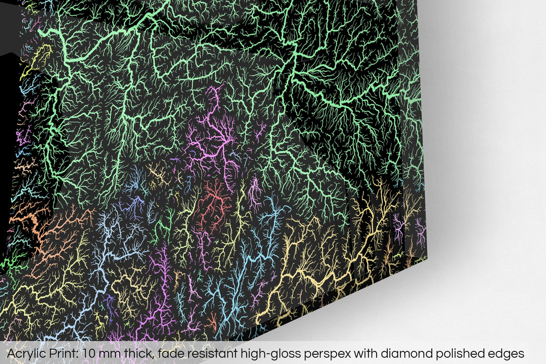 Closeup of an acrylic panel's corner, the details of a Grasshopper Geography map is visible. The text at the bottom reads: Acrylic print - 10 mm thick, fade reistant high-gloss perspex with diamond polished edges.