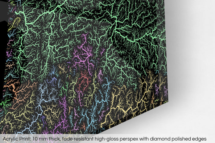 Closeup of an acrylic panel's corner, the details of a Grasshopper Geography map is visible. The text at the bottom reads: Acrylic print - 10 mm thick, fade reistant high-gloss perspex with diamond polished edges.