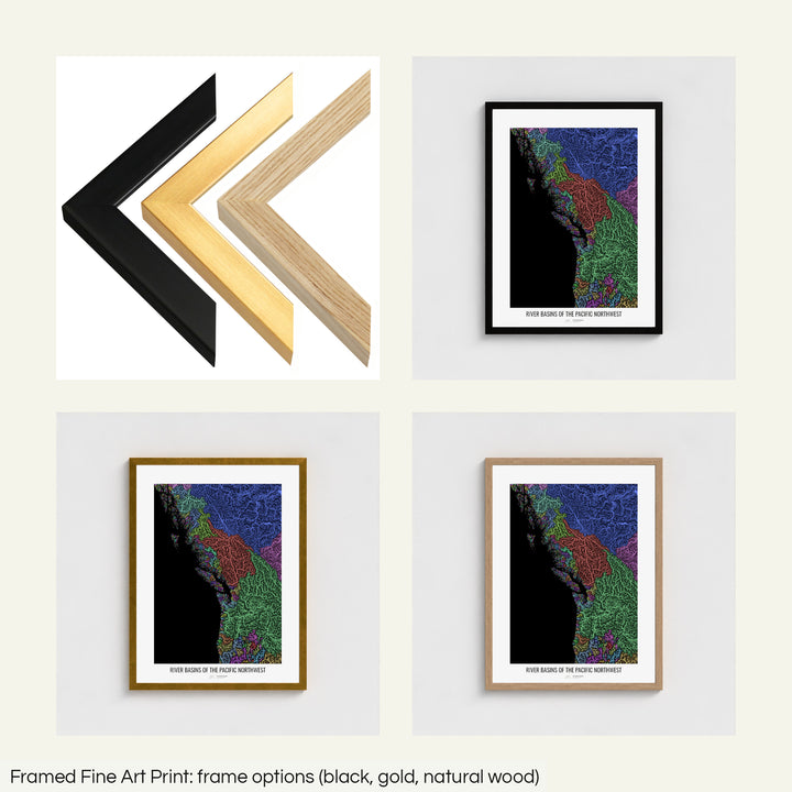 The image shows the different frames available at Grasshopper Geography's map shop: black, golden and natural wood. The image is a collection of four smaller pictures: the first one shows the wooden frames up close, the other three are mockups of the printed map in each frame.