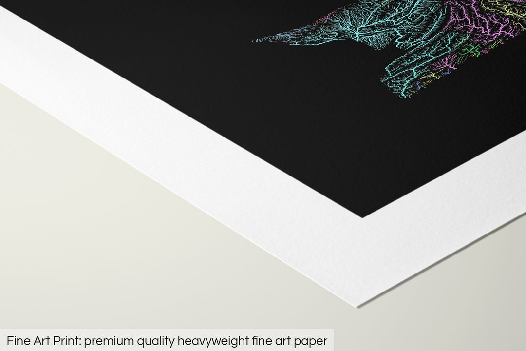 Closeup of a fine art print's corner lying on a flat surface, the details of a Grasshopper Geography map is visible. The text at the bottom reads: Fine art print - premium quality heavyweight fine art paper.