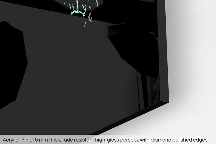 Closeup of an acrylic panel's corner, the details of a Grasshopper Geography map is visible. The text at the bottom reads: Acrylic print - 10 mm thick, fade reistant high-gloss perspex with diamond polished edges.