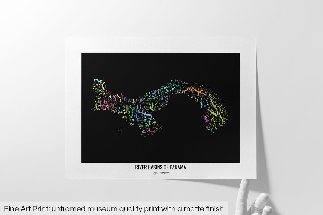 Unframed fine art print of a colourful map with a thick white mat. The title of the map and the Grasshopper Geography logo is printed on the mat, below the image. The map print lies flat on a white surface, a hand holding up one of the corners. The bottom text reads: Fine art print - unframed museum quality print with a matte finish.
