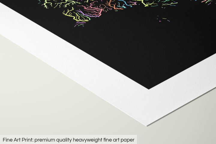 Closeup of a fine art print's corner lying on a flat surface, the details of a Grasshopper Geography map is visible. The text at the bottom reads: Fine art print - premium quality heavyweight fine art paper.