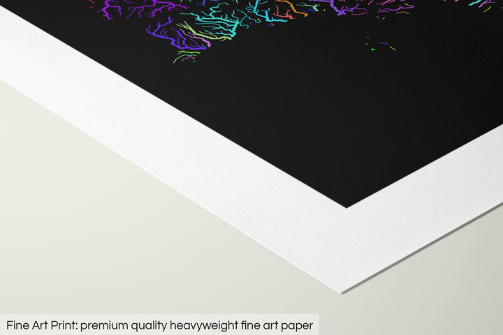 Closeup of a fine art print's corner lying on a flat surface, the details of a Grasshopper Geography map is visible. The text at the bottom reads: Fine art print - premium quality heavyweight fine art paper.