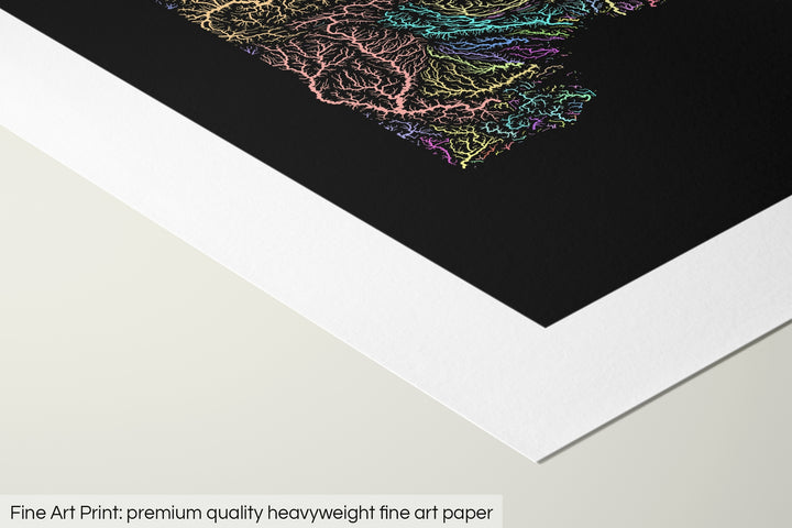 Closeup of a fine art print's corner lying on a flat surface, the details of a Grasshopper Geography map is visible. The text at the bottom reads: Fine art print - premium quality heavyweight fine art paper.