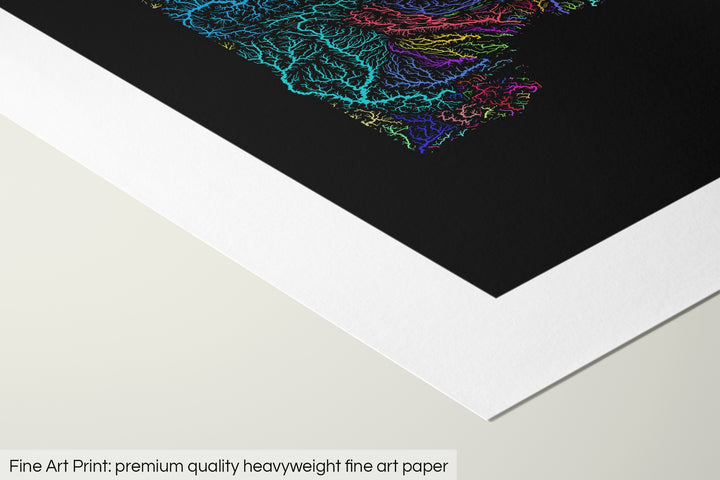 Closeup of a fine art print's corner lying on a flat surface, the details of a Grasshopper Geography map is visible. The text at the bottom reads: Fine art print - premium quality heavyweight fine art paper.
