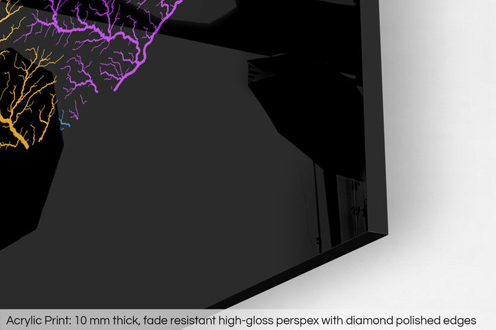 Closeup of an acrylic panel's corner, the details of a Grasshopper Geography map is visible. The text at the bottom reads: Acrylic print - 10 mm thick, fade reistant high-gloss perspex with diamond polished edges.
