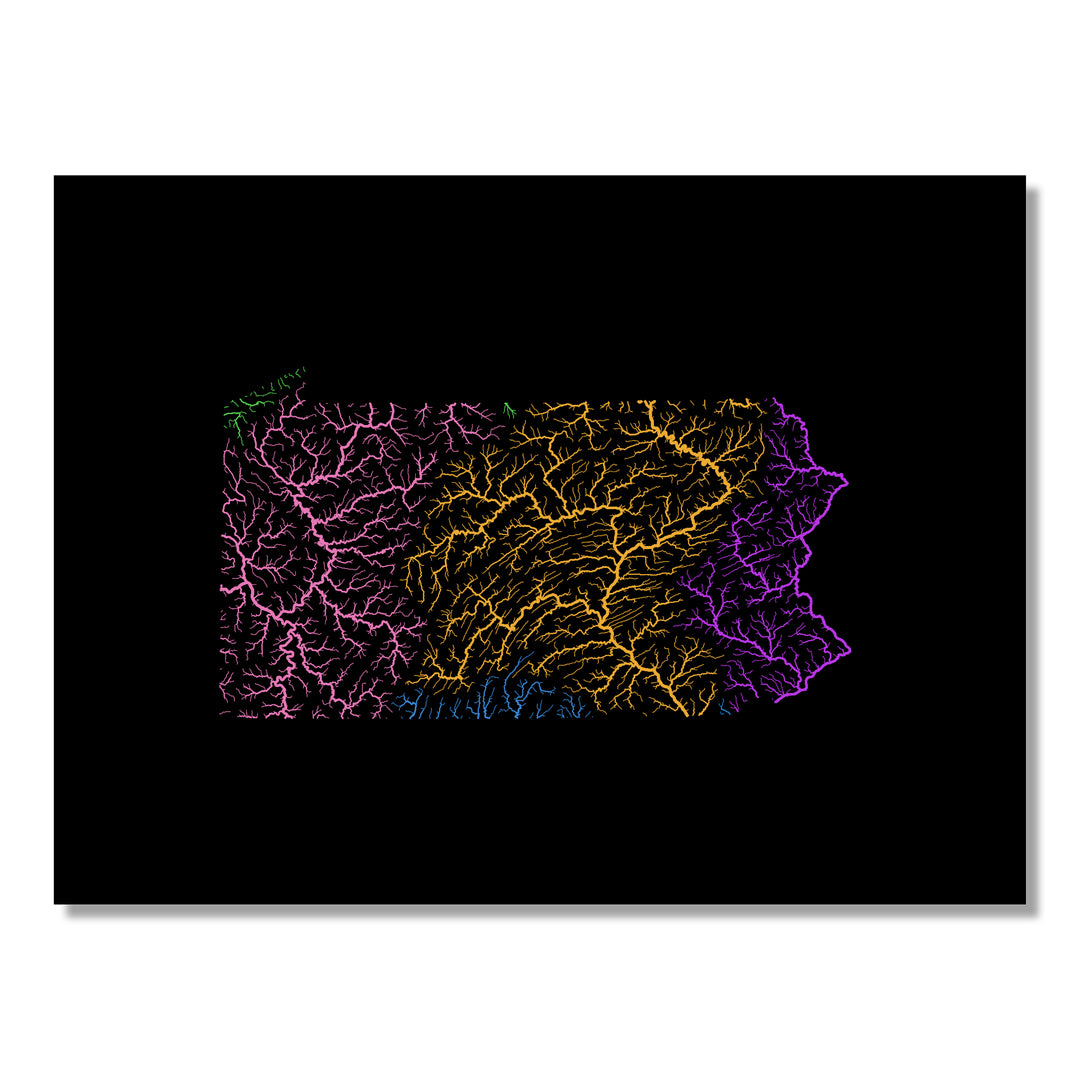 Pennsylvania - River basin map, rainbow colours - Wall Art by Grasshopper Geography. Image of a high-resolution map created by geographer Robert Szucs, available as wall art and for licensing.