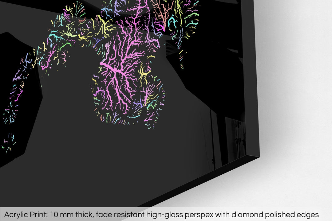Closeup of an acrylic panel's corner, the details of a Grasshopper Geography map is visible. The text at the bottom reads: Acrylic print - 10 mm thick, fade reistant high-gloss perspex with diamond polished edges.