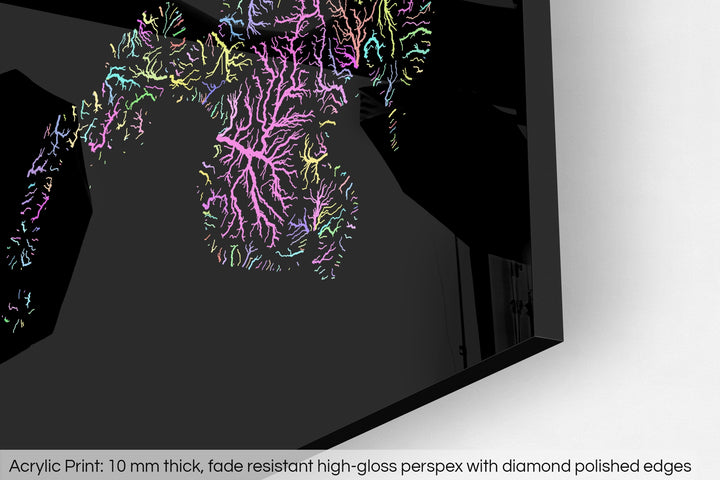 Closeup of an acrylic panel's corner, the details of a Grasshopper Geography map is visible. The text at the bottom reads: Acrylic print - 10 mm thick, fade reistant high-gloss perspex with diamond polished edges.