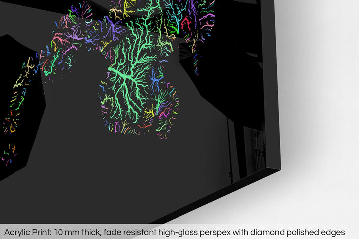 Closeup of an acrylic panel's corner, the details of a Grasshopper Geography map is visible. The text at the bottom reads: Acrylic print - 10 mm thick, fade reistant high-gloss perspex with diamond polished edges.