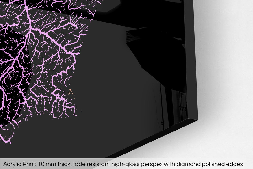 Closeup of an acrylic panel's corner, the details of a Grasshopper Geography map is visible. The text at the bottom reads: Acrylic print - 10 mm thick, fade reistant high-gloss perspex with diamond polished edges.