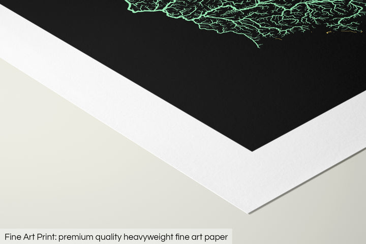 Closeup of a fine art print's corner lying on a flat surface, the details of a Grasshopper Geography map is visible. The text at the bottom reads: Fine art print - premium quality heavyweight fine art paper.