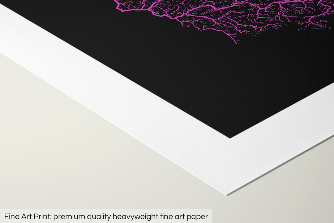 Closeup of a fine art print's corner lying on a flat surface, the details of a Grasshopper Geography map is visible. The text at the bottom reads: Fine art print - premium quality heavyweight fine art paper.