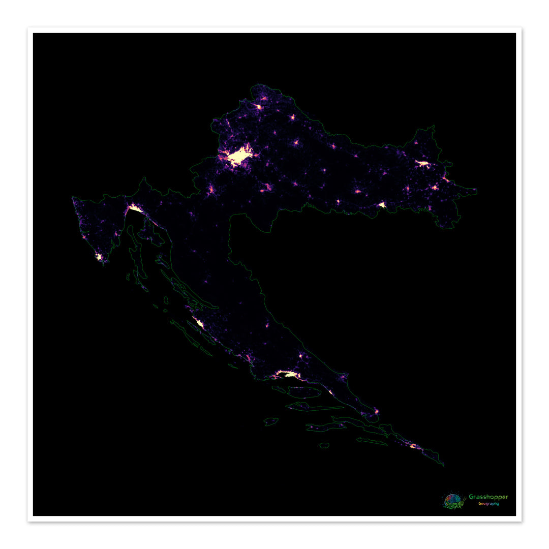 Croacia - Mapa de calor de densidad de población - Impresión de bellas artes