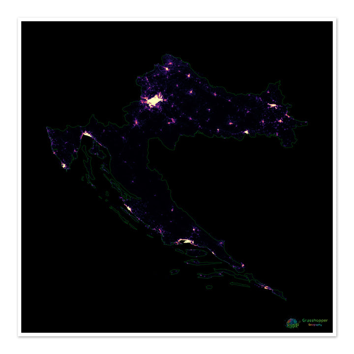 Croacia - Mapa de calor de densidad de población - Impresión de bellas artes