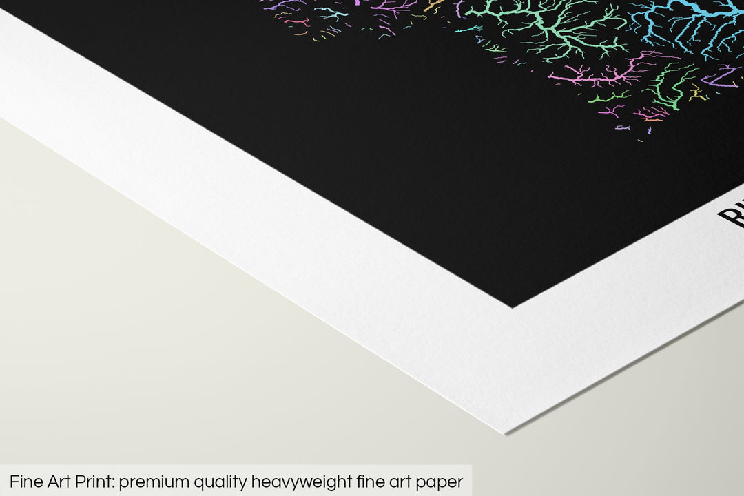 Closeup of a fine art print's corner lying on a flat surface, the details of a Grasshopper Geography map is visible. The text at the bottom reads: Fine art print - premium quality heavyweight fine art paper.