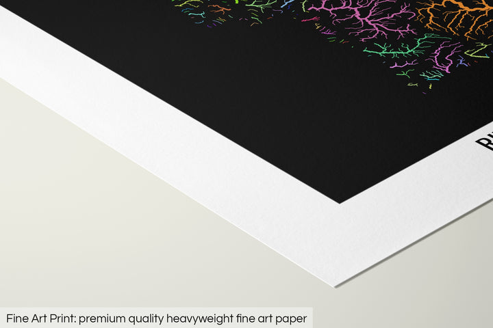 Closeup of a fine art print's corner lying on a flat surface, the details of a Grasshopper Geography map is visible. The text at the bottom reads: Fine art print - premium quality heavyweight fine art paper.