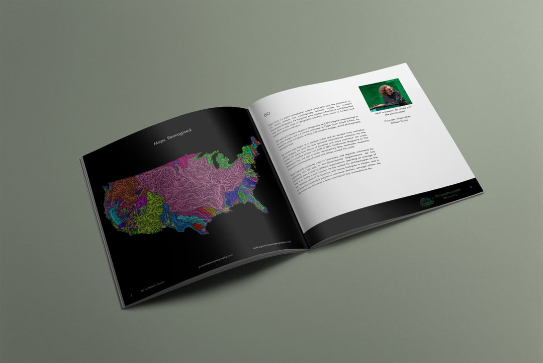 Mockup of an open book, showing Grasshopper Geography's Press Kit open at the first page