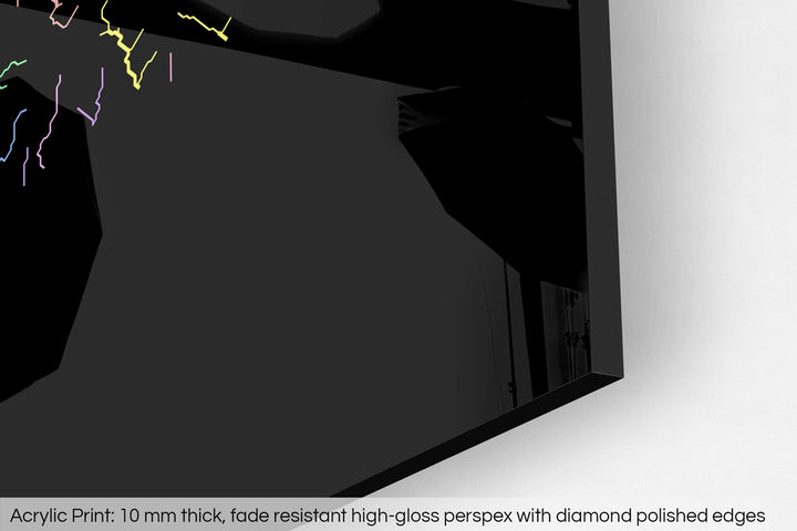 Closeup of an acrylic panel's corner, the details of a Grasshopper Geography map is visible. The text at the bottom reads: Acrylic print - 10 mm thick, fade reistant high-gloss perspex with diamond polished edges.