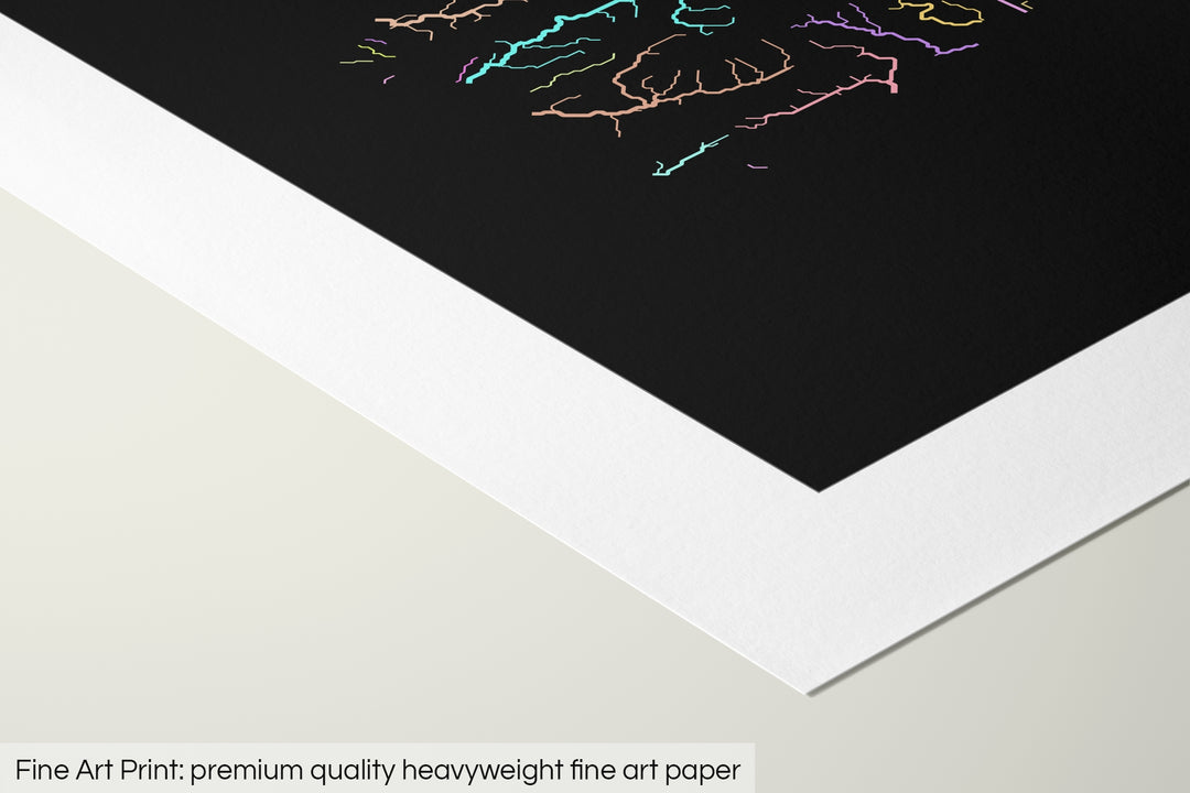 Closeup of a fine art print's corner lying on a flat surface, the details of a Grasshopper Geography map is visible. The text at the bottom reads: Fine art print - premium quality heavyweight fine art paper.