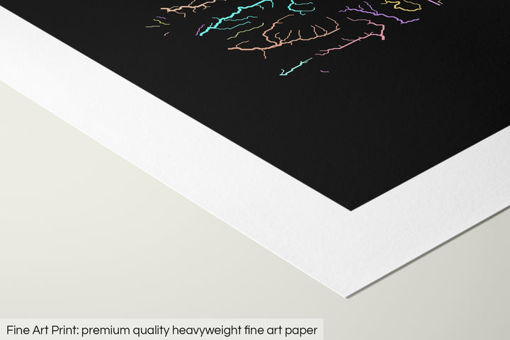 Closeup of a fine art print's corner lying on a flat surface, the details of a Grasshopper Geography map is visible. The text at the bottom reads: Fine art print - premium quality heavyweight fine art paper.